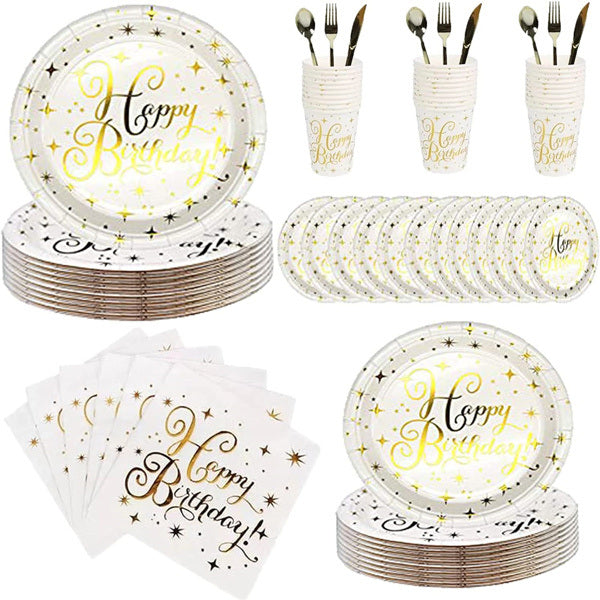 112PCS Bronzing Gold Happy Birthday Paper Plates Party Supplies Pack Disposable Tableware Set for Kids Serves 16 Guests Include Plates; Cups; Napkins; Forks; Knives; Spoons