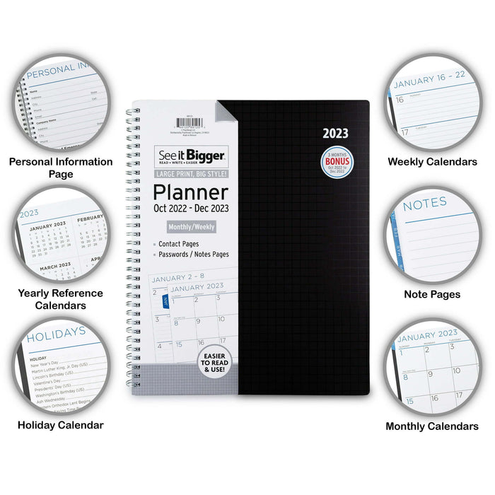 See It Bigger Monthly & Weekly Planner, April 2023 - June 2024 (9.75" x 11") Black