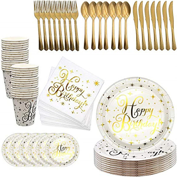 112PCS Bronzing Gold Happy Birthday Paper Plates Party Supplies Pack Disposable Tableware Set for Kids Serves 16 Guests Include Plates; Cups; Napkins; Forks; Knives; Spoons