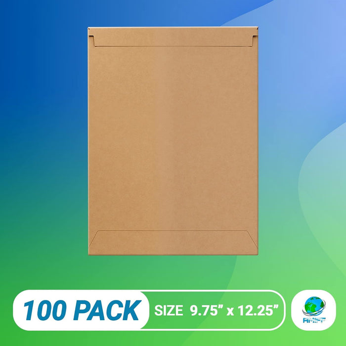 Pack of 100 Kraft Rigid Mailers 9.75 x 12.25 Paperboard Recycled Envelopes 9 3/4 x 12 1/4 Self Sealing; Stay Flat; No bend; Mailing Cardboard Bags for Shipping Packing and Packaging Supplies