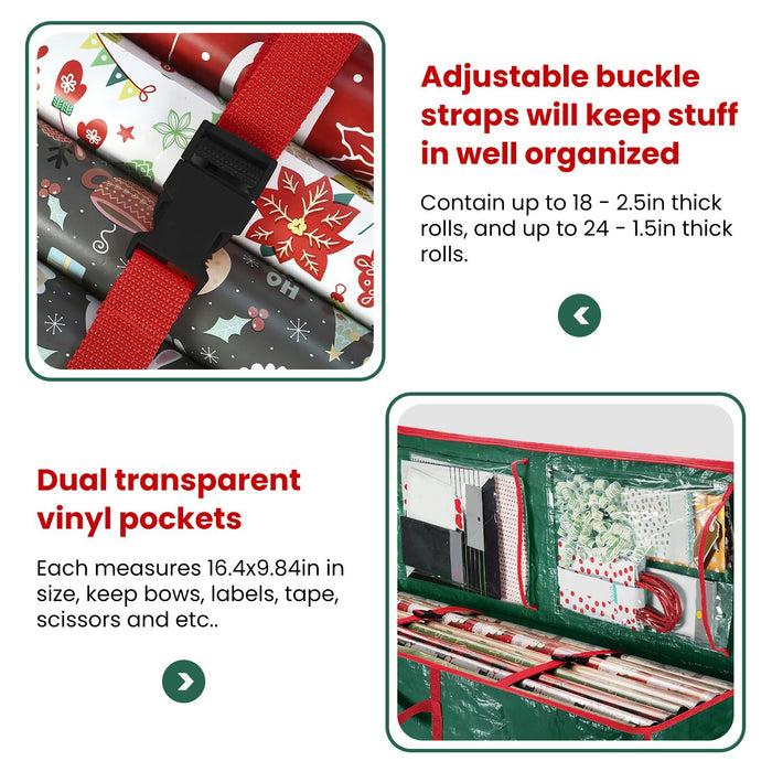 2Pcs Christmas Wrapping Paper Storage Containers Foldable Water Resistant Gift Wrap Organizer with Pockets Handles for Ribbon Card Bows Gift Bag Underbed Ornament Storage