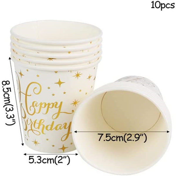 112PCS Bronzing Gold Happy Birthday Paper Plates Party Supplies Pack Disposable Tableware Set for Kids Serves 16 Guests Include Plates; Cups; Napkins; Forks; Knives; Spoons