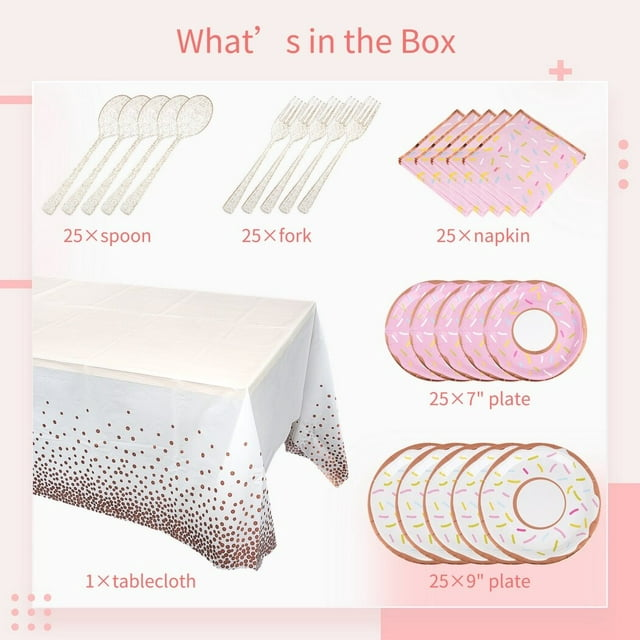 Pink Party Plates, 126Pcs Donut Paper Tableware Set Include Plates Napkins Cutleries Tablecloth- Party Decorative Supplies for Birthday Wedding Valentines, 7 inch and 9inch