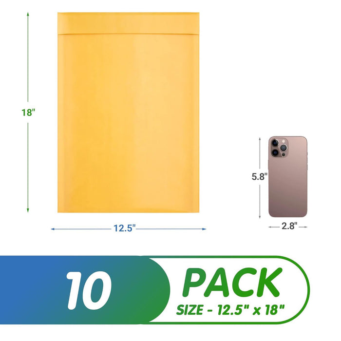 Pack of 10 Yellow Kraft Bubble Mailers 12.5 x 18 Paper Cushion Padded Envelopes 12 1/2 x 18 Shipping Bags with Peel and Seal for Mailing Packing and Packaging; Pouch Bags with Cushioning