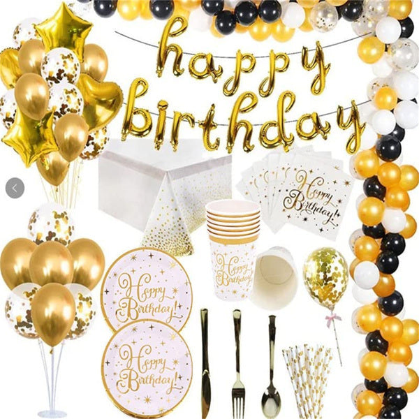 112PCS Bronzing Gold Happy Birthday Paper Plates Party Supplies Pack Disposable Tableware Set for Kids Serves 16 Guests Include Plates; Cups; Napkins; Forks; Knives; Spoons