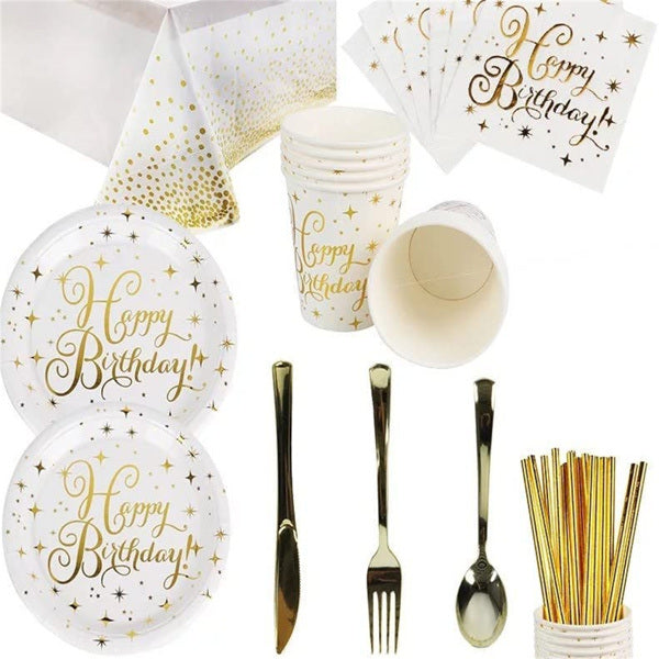 112PCS Bronzing Gold Happy Birthday Paper Plates Party Supplies Pack Disposable Tableware Set for Kids Serves 16 Guests Include Plates; Cups; Napkins; Forks; Knives; Spoons